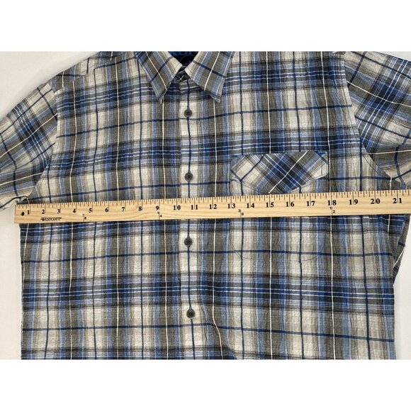 Kuhl Stallion Button Up Short Sleeve Shirt Men’s M Blue White Plaid Seersucker - Picture 13 of 16